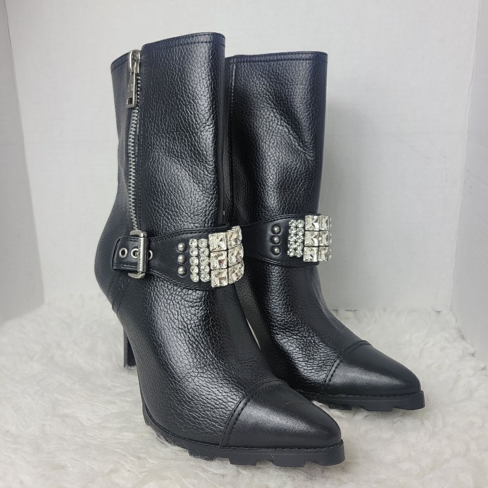 Karl Lagerfield Mable Women's Size 10 Buckle Rhinestone Studded Leather Heel